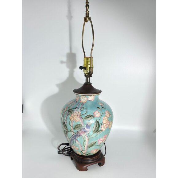 Vintage Floral Ceramic Table Lamp With Hand-Painted Bird Design On Wood Base - Picture 2 of 12